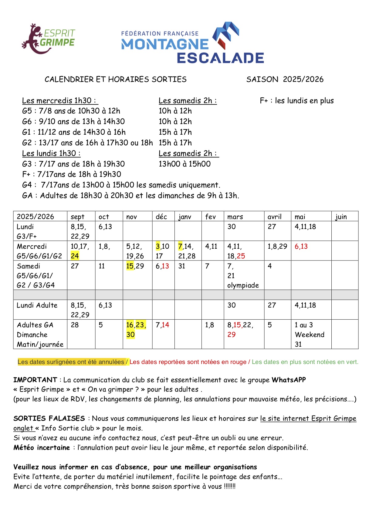 Calendrier 2025/2026 : calendrier