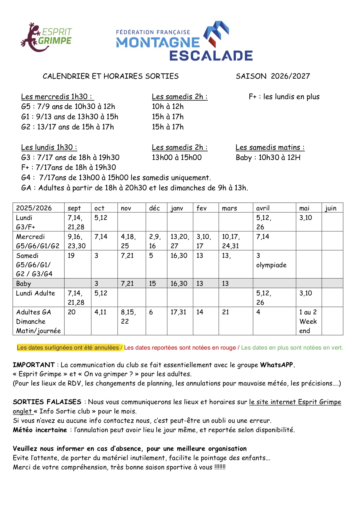 Calendrier 2026/2027 : calendrier