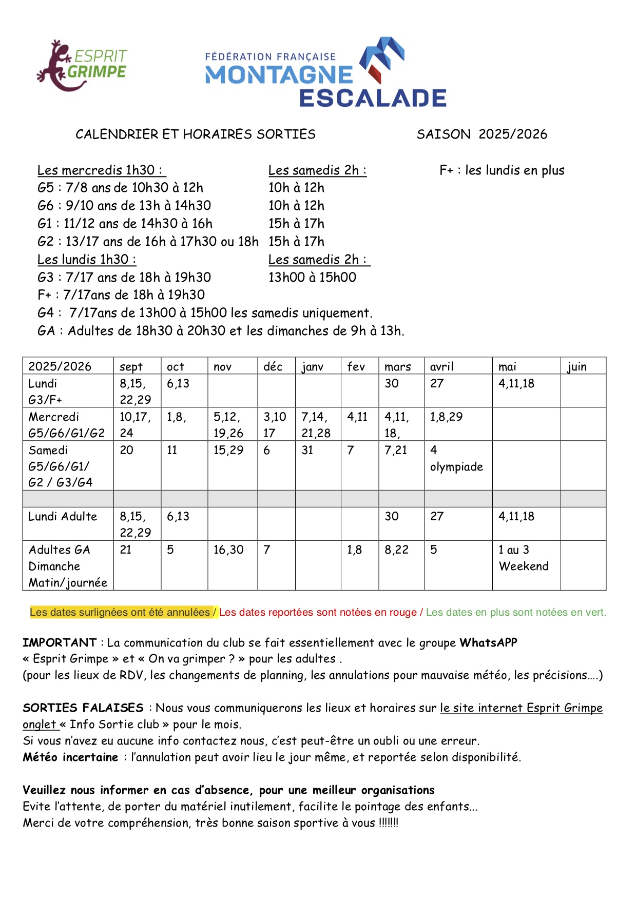 Calendrier 2025/2026 : calendrier