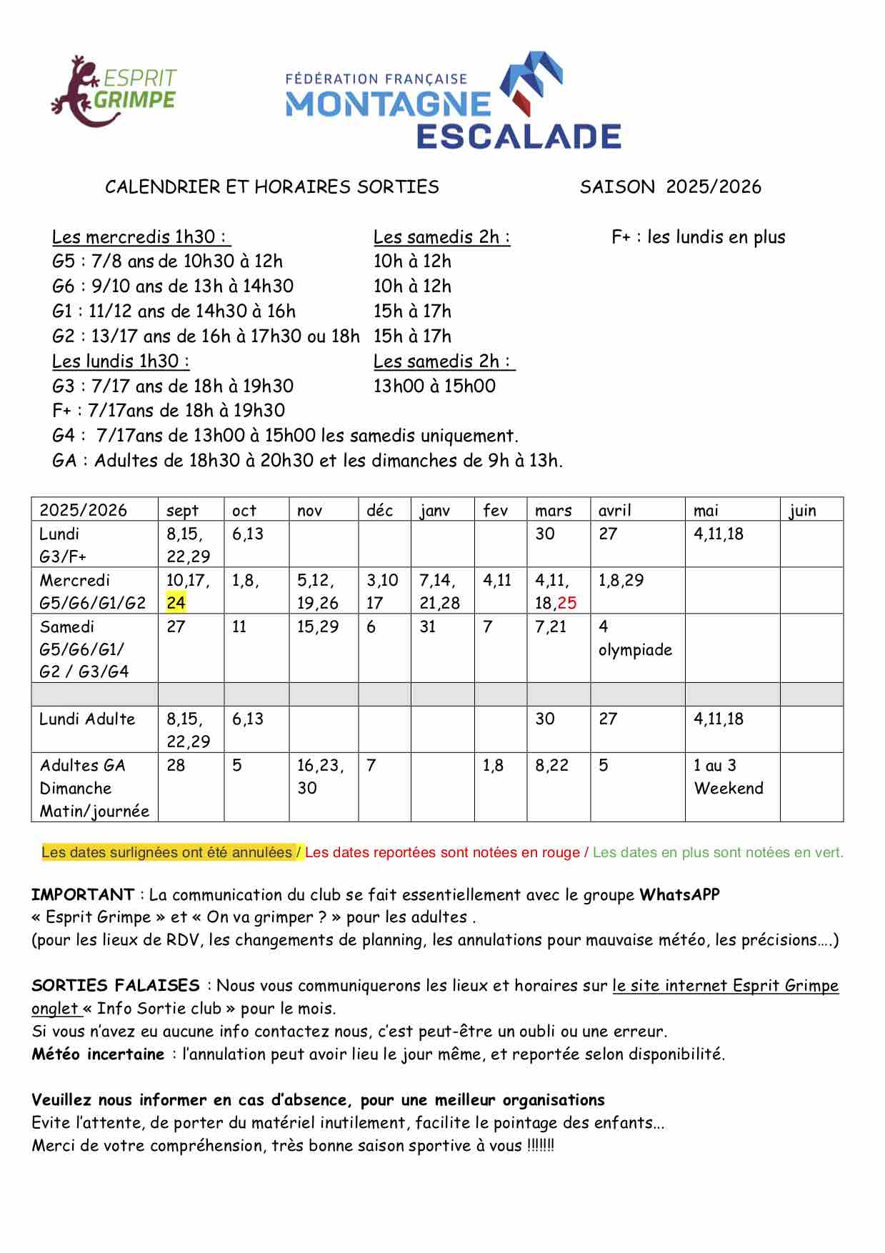 Calendrier 2025/2026 : calendrier