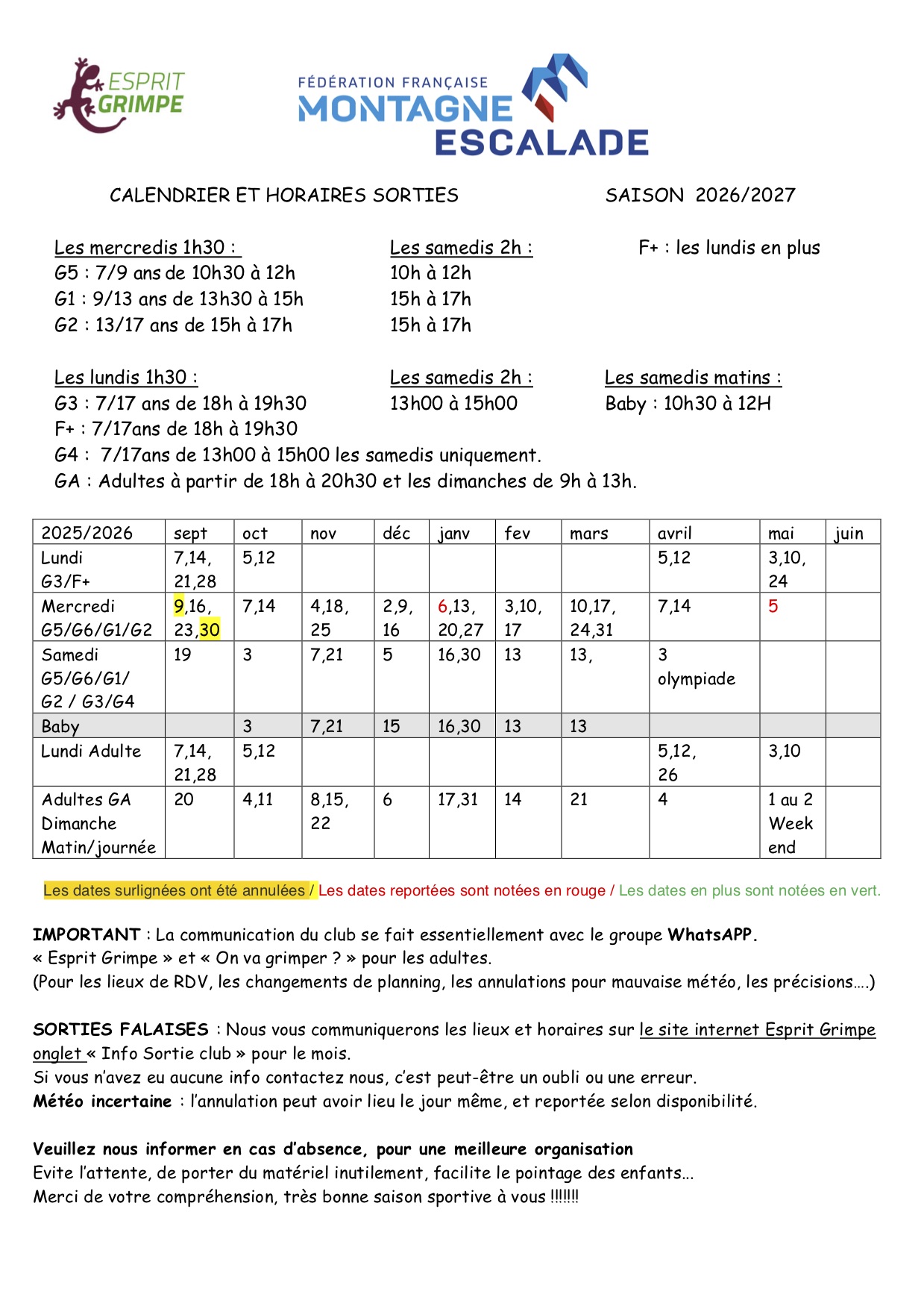 Calendrier 2026/2027 : calendrier